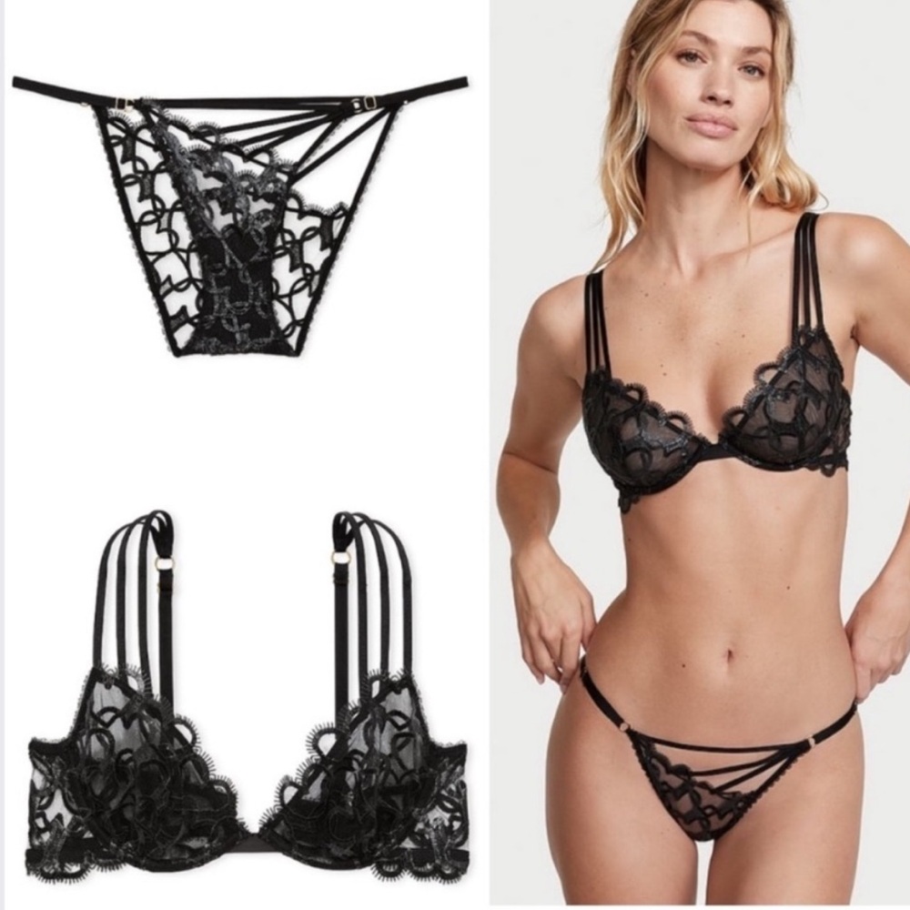 NEW SET Victoria’s secret women lace heart shape black panties & buster bra
